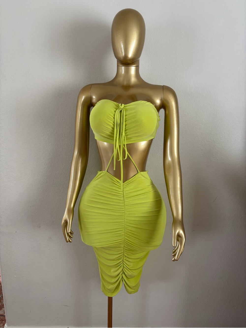 Strapless Ruched Cutout Midi Dress in Lime
